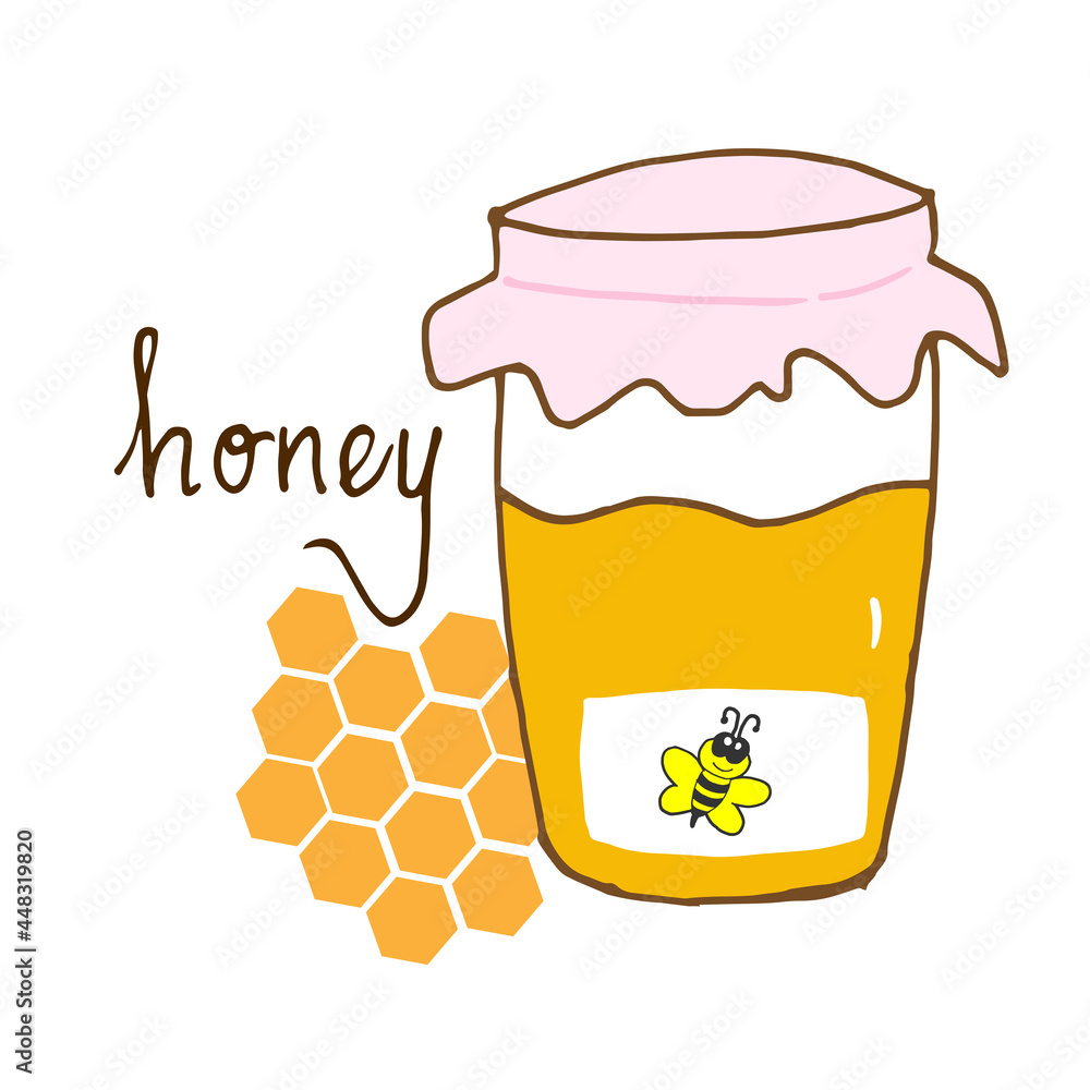 Honey hand Drawn Lettering With Honey In The Jar Illustration On White