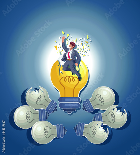 Businessman worker break turned off and on light bulb new idea solution vector illustration.