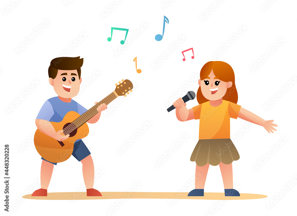 Cute boy playing guitar and girl singing cartoon Cute boy playing guitar and girl singing cartoon