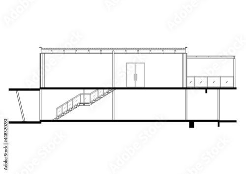 2D CAD sectional drawing of 2 stories modern house. The drawing shows the detailed house construction mainly the structure made from steel. The drawing was produced in black and white.