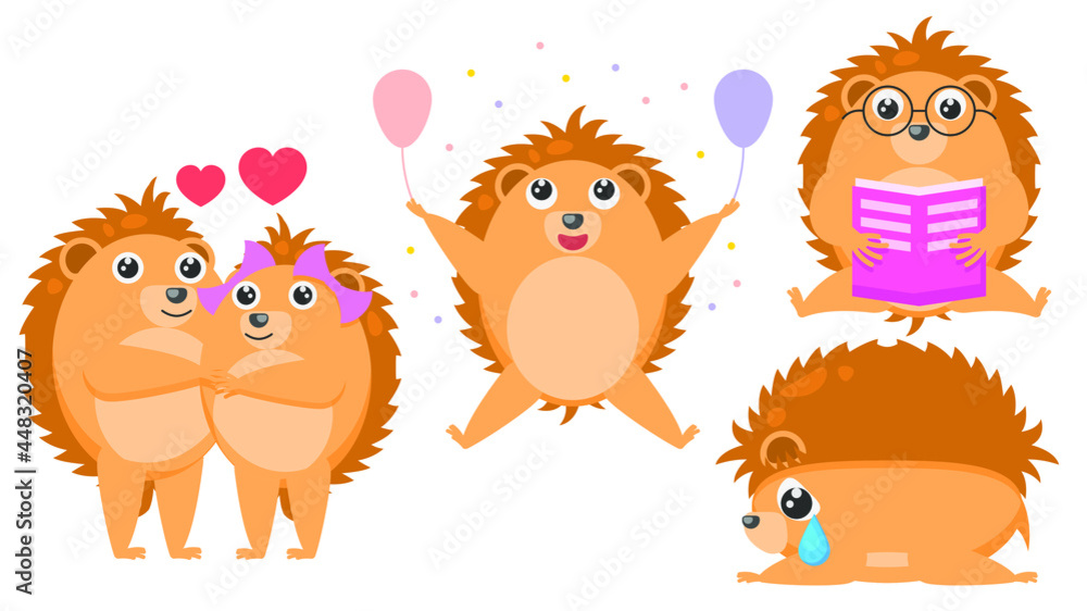 Set Abstract Collection Flat Cartoon 
Different Animal Hedgehogs Celebrating Birthday, Reading Book, Crying Sad Tear, Hugs Vector Design Style Elements Fauna Wildlife
