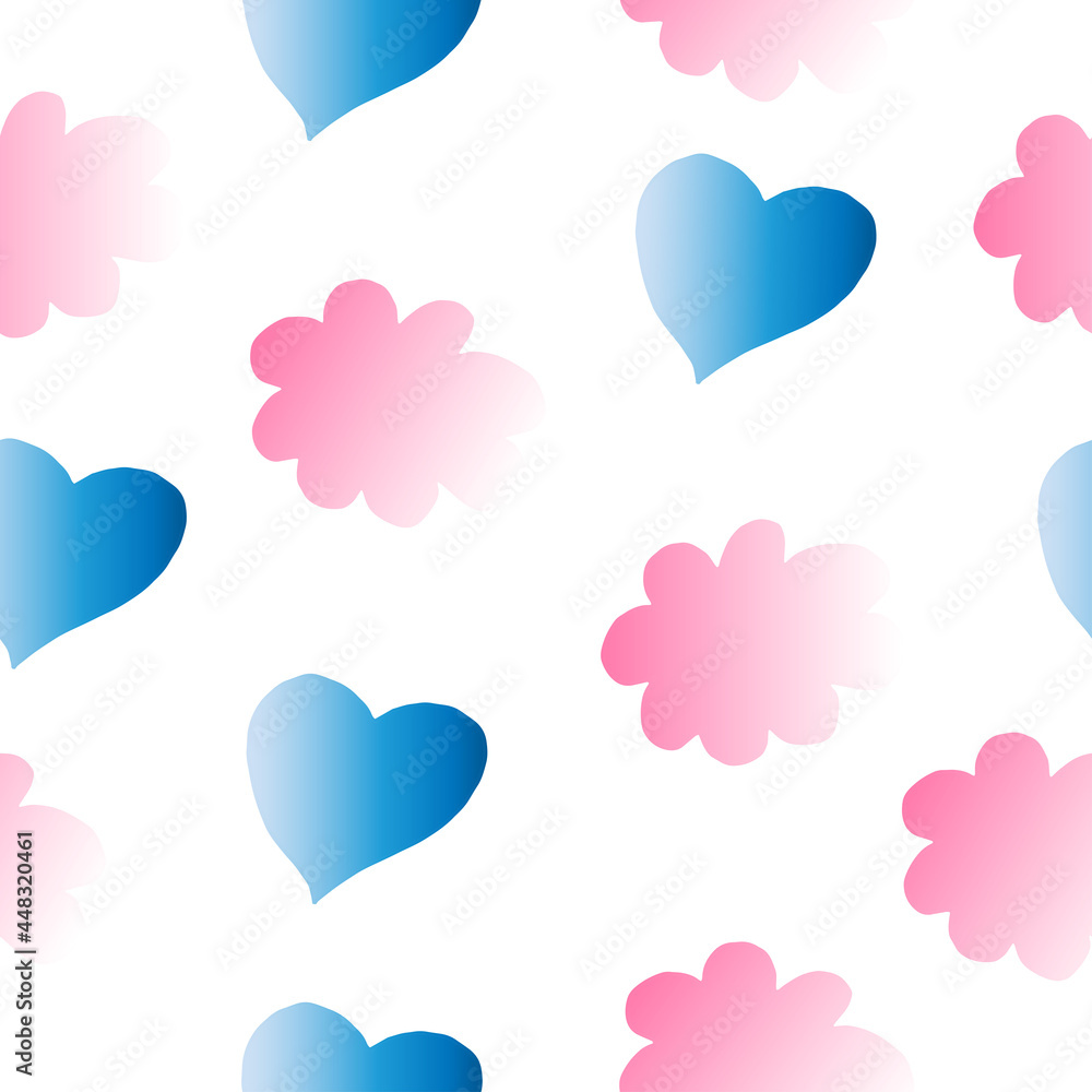 seamless pattern with blue heart with pink cloud illustration on white background. hand drawn vector. cute and elegant. doodle art for wallpaper, wall decoration, backdrop, wrapping paper, fashion. 