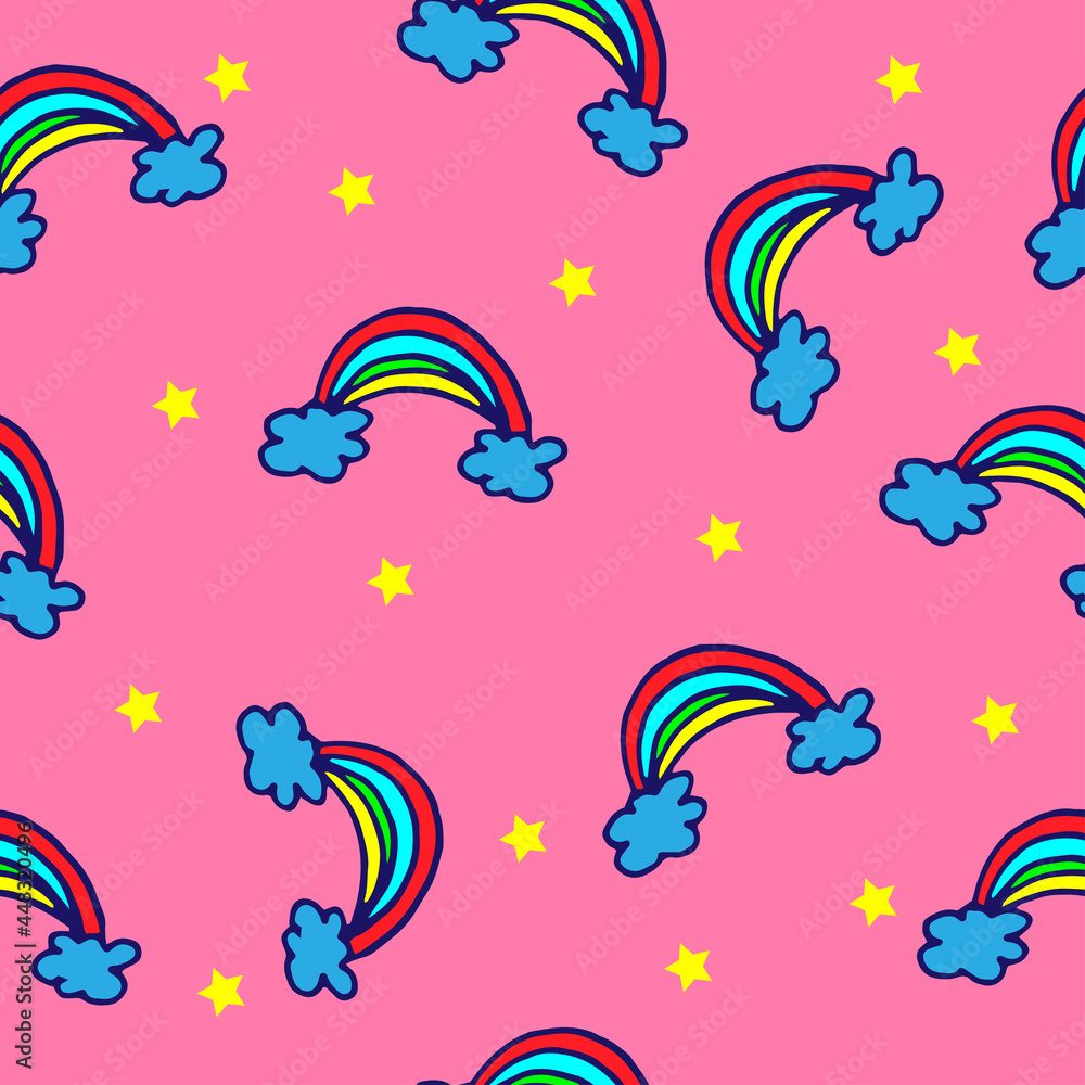 seamless pattern with rainbow and yellow stars on pink background. hand drawn vector. cute and fresh. kids fashion, interior. doodle art for wallpaper, backdrop, fabric, textile, wrapping paper. 