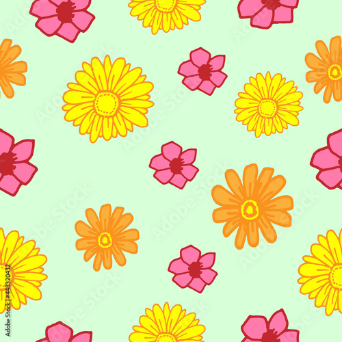 Fototapeta Naklejka Na Ścianę i Meble -  seamless pattern with beautiful flower illustration on blue background. yellow, orange and pink color. hand drawn vector. doodle art for wallpaper, wall decoration, backdrop, fabric, wrapping paper. 