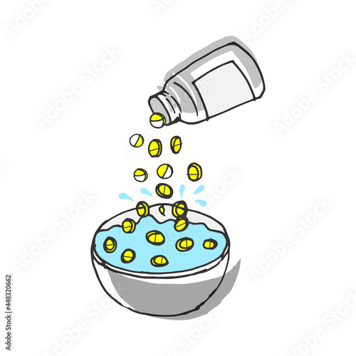 pouring medicine into bowl illustration. tablet medicine and water into bowl. hand drawn vector. bottle medicine. health care icon. doodle art for logo, label, poster, cover, banner, sticker, clipart.