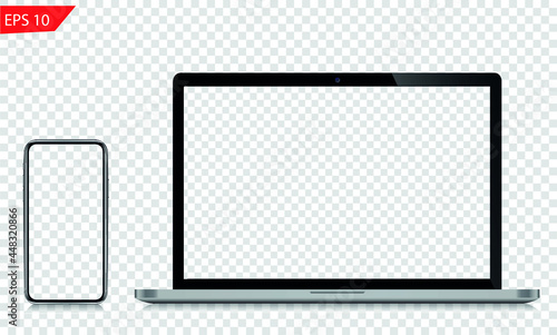Set of realistic computer monitors, laptops, mobile phones. Electronic gadgets isolated on transparent background - super high detailed photorealistic esp 10 vector