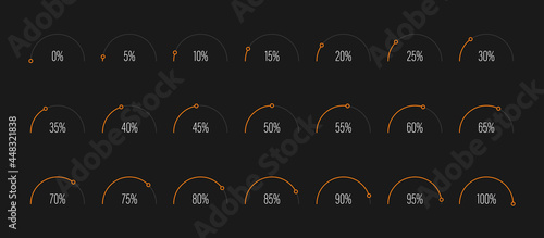 Set of semicircle arc percentage diagrams progress bar meters from 0 to 100 ready-to-use for web design, user interface UI or infographic - indicator with orange