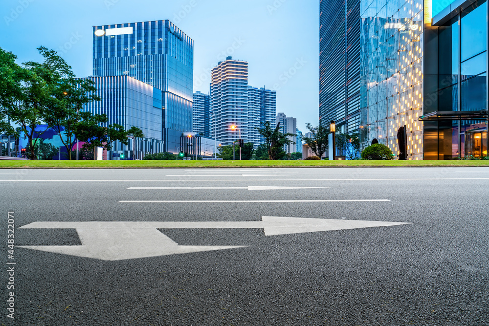 Skyline of Asphalt Pavement and Night Scenery of Shanghai Architectural Landscape