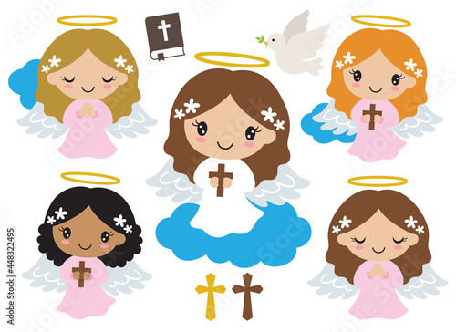Cute little girl baptism angels praying and holding cross vector illustration. photo