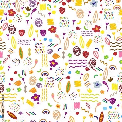 Decorative abstract seamless pattern with colorful doodles. Hand-drawn modern primitive style collection