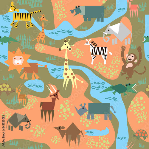 Seamless pattern with African animals, which are made up of simple geometric shapes