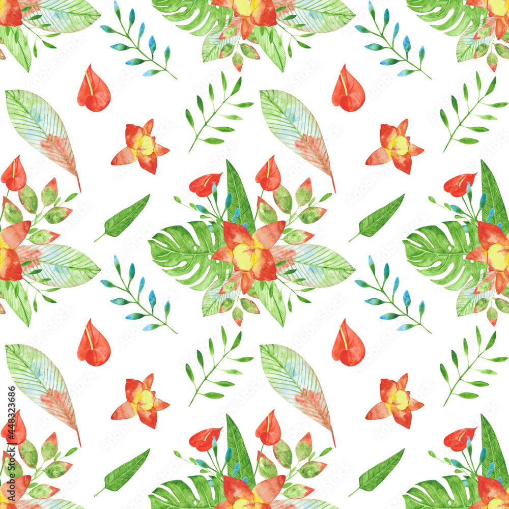 Watercolor bouquet of exotic flowers seamless pattern on a white background. Orchid, strelitzia, monstera, and anthurium on an endless print. Cute hand-drawn tropical floral illustration. Watercolor bouquet of exotic flowers seamless pattern on a white background. Orchid, strelitzia, monstera, and anthurium on an endless print. Cute hand-drawn tropical floral illustration.