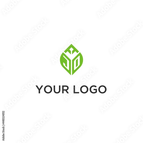 JO monogram with leaf logo design ideas, creative initial letter logo with natural green leaves