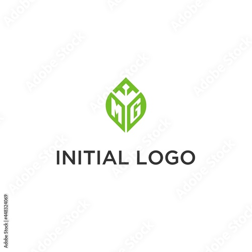 MG monogram with leaf logo design ideas, creative initial letter logo with natural green leaves