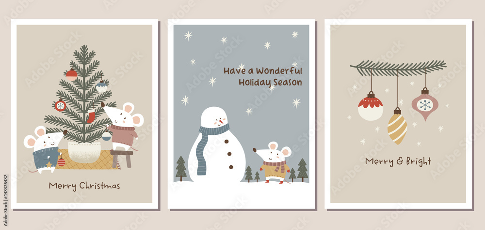 Set of winter holiday greeting cards with cute mice, snowman, Christmas tree, and Christmas ornaments in trendy dusty pastel colors. Winter holiday greeting card templates.