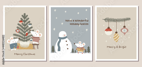 Set of winter holiday greeting cards with cute mice  snowman  Christmas tree  and Christmas ornaments in trendy dusty pastel colors. Winter holiday greeting card templates.