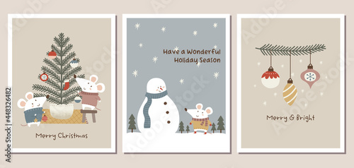 Set of winter holiday greeting cards with cute mice, snowman, Christmas tree, and Christmas ornaments in trendy dusty pastel colors. Winter holiday greeting card templates.