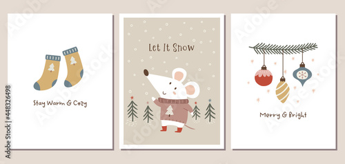 Set of winter holiday greeting cards with cute mouse, Christmas ornaments, and socks in trendy dusty pastel colors. Winter holiday greeting card templates.