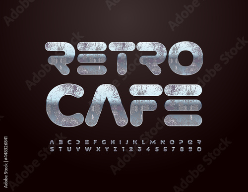 Vector creative concept Retro Cafe with old style Silver Alphabet Letters and Numbers set. Aged metal Font