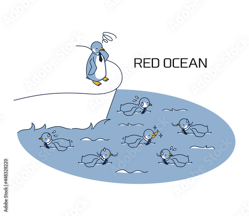 レッドオーシャンに飛び込むか迷っているペンギンのアイソメイラスト