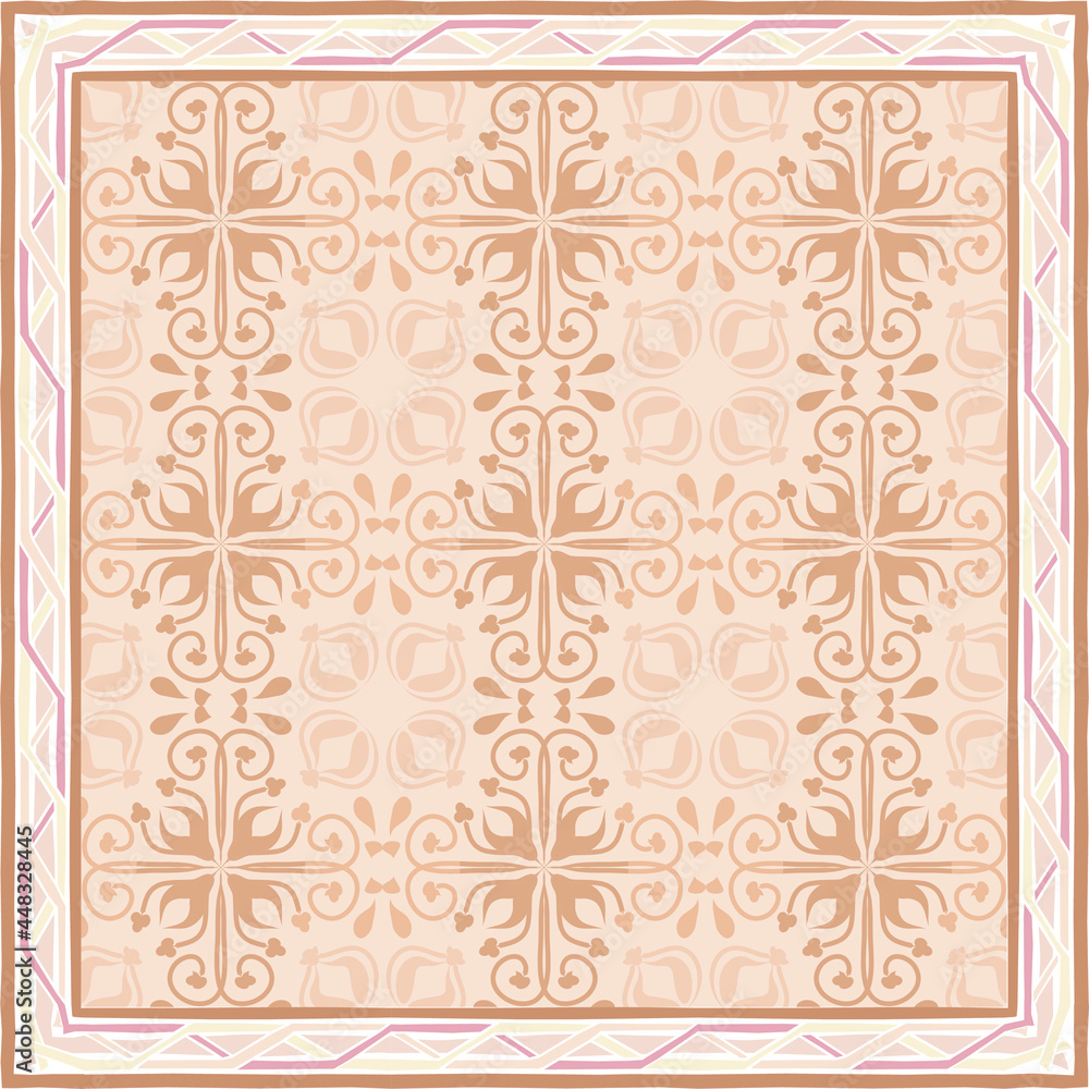 scarf pattern design on red. Geometric ornament with frame, border. Bandanna, shawl, scarf, tablecloth design for textile fabric print scarf pattern design on red. Geometric ornament with frame, border. Bandanna, shawl, scarf, tablecloth design for textile fabric print