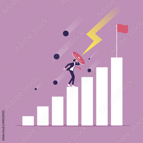 Business Hurdle on way vector concept - Businessman with shield run jumps overcoming the barrier Business obstacles concept, Barrier on way to success