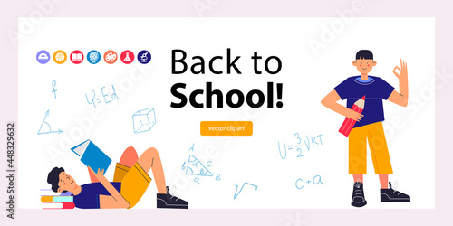 Back to school. Colorful vector illustration, banner. Clipart on the topic of education, school.