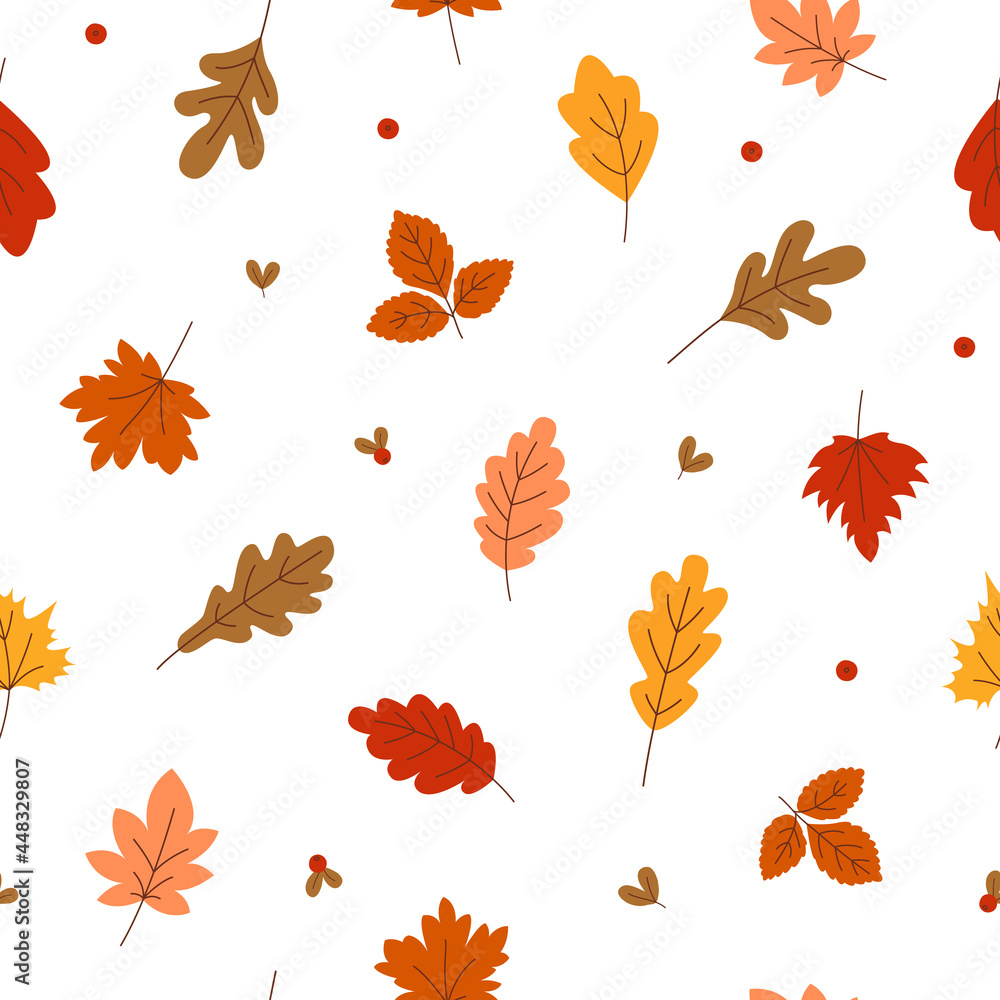 Seamless pattern of autumn leaves and berries of lingonberry. Colorful multicolored oak and maple foliage on a white background. Vector illustration. Seamless pattern of autumn leaves and berries of lingonberry. Colorful multicolored oak and maple foliage on a white background. Vector illustration.