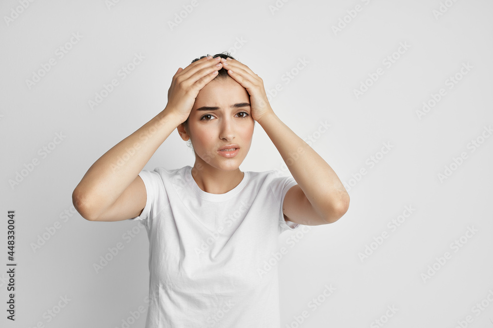 woman t-shirt holding her head migraine disorder dissatisfaction medicine woman t-shirt holding her head migraine disorder dissatisfaction medicine