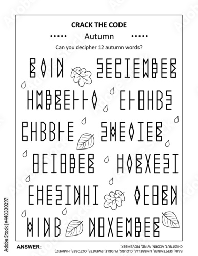 Crack the code word game, or codebreaker word puzzle, with various autumn related words and mirrored letters cipher. Answer included.
