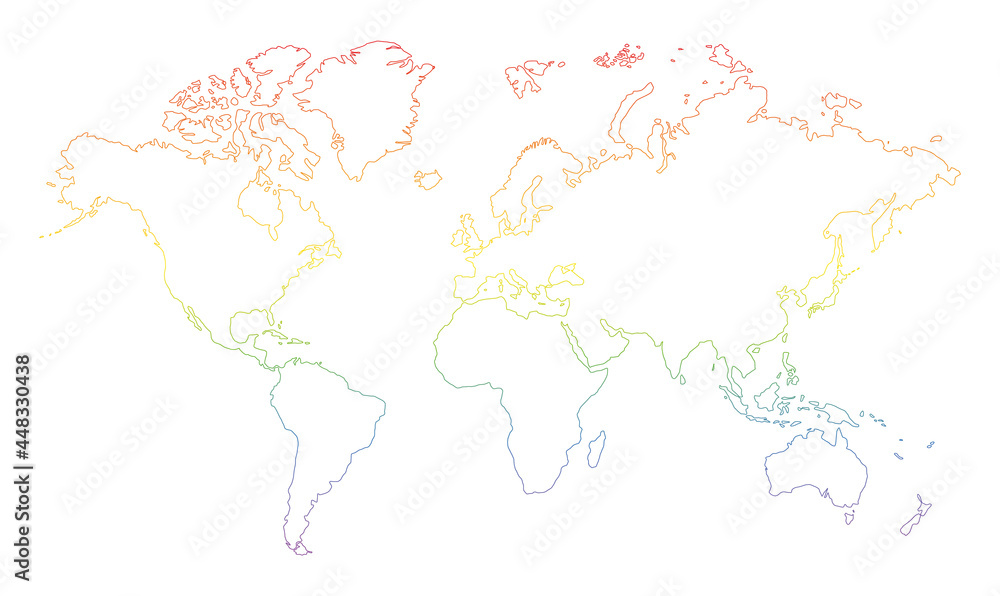 rainbow colored world map outline on white background	