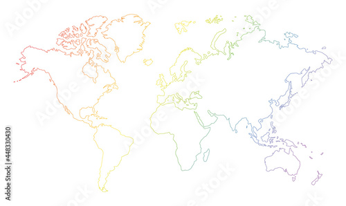 rainbow colored world map outline on white background 