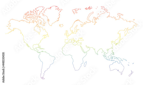 rainbow colored world map outline on white background 