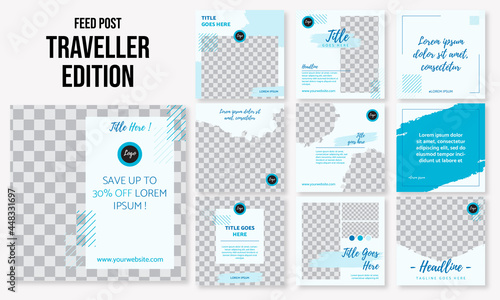 Set of editable social media instagram post travel, resort, vacation, ocean, adventure, paradise with blue sea design vector template ai and eps10