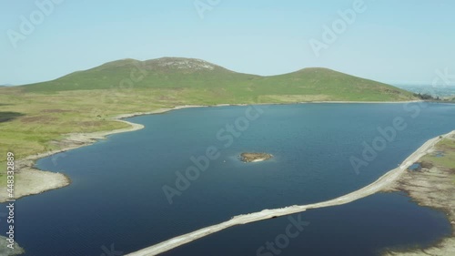 aerial view of the water shortages as levels drop in spelga dam reservoir when heat wave hit Norhtern Ireland