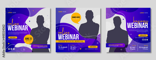Online webinar social media post template design. Corporate conference, workshop, seminar, meet up, business meeting, event and training marketing flyer or banner cover with abstract background.    
