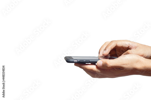 Hand holding smartphone isolated on white background, finger telephone screen, clipping path.