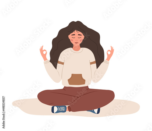 Breath awareness yoga exercise. Woman practicing belly breathing for good relaxation. Meditation for body, mind and emotions. Spiritual practice. Abdominal breathing. Flat cartoon vector illustration.