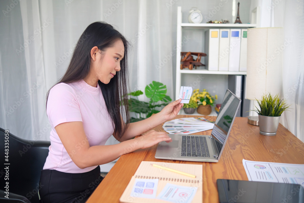 Young happy smiling Asian woman Freelance graphical user interface UI ...