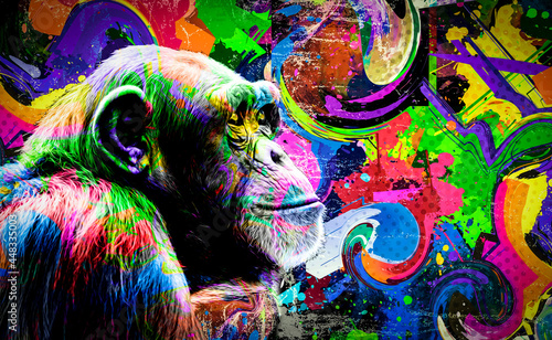 Photography monkey head with creative colorful abstract elements on dark background