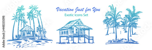 Set of bungalow icons by sea with palms and tropical plants in color. Beach next to house. Rest, tourism in exotic countries. Hand drawing, vector illustration.