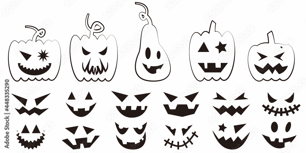 Set of halloween silhouettes character. Halloween icons. Pumpkins, Face, line icons. Vector illustration. Isolated on white background.