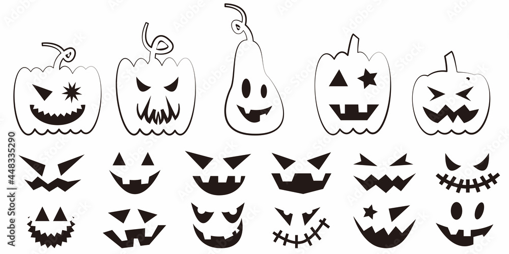 Set of halloween silhouettes character. Halloween icons. Pumpkins, Face, line icons. Vector illustration. Isolated on white background. Set of halloween silhouettes character. Halloween icons. Pumpkins, Face, line icons. Vector illustration. Isolated on white background.