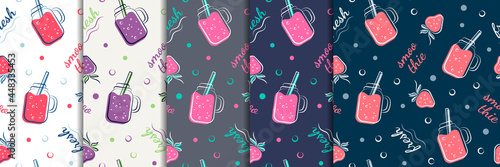 Set of seamless patterns. Summer vector backgrounds with strawberry smoothies in five different colors. Fresh fruit drinks. Sketch banner, template, print for textiles