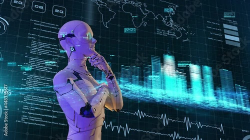 Future technology vision, 3D android robot and digital world tech futuristic computer screen graphic user interface background.