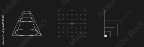 Set of retrofuturistic design elements. Retrofuturistic prism, HUD aim, coordinate scale in cyberpunk 80s style. Cyber design elements for poster, cover retrowave style. Vector