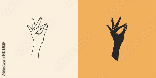 Hand drawn vector abstract stock flat graphic illustration with minimal logo element collection set,occult mystery witch hands touch line drawing and silhouette,magic art in simple style for branding.