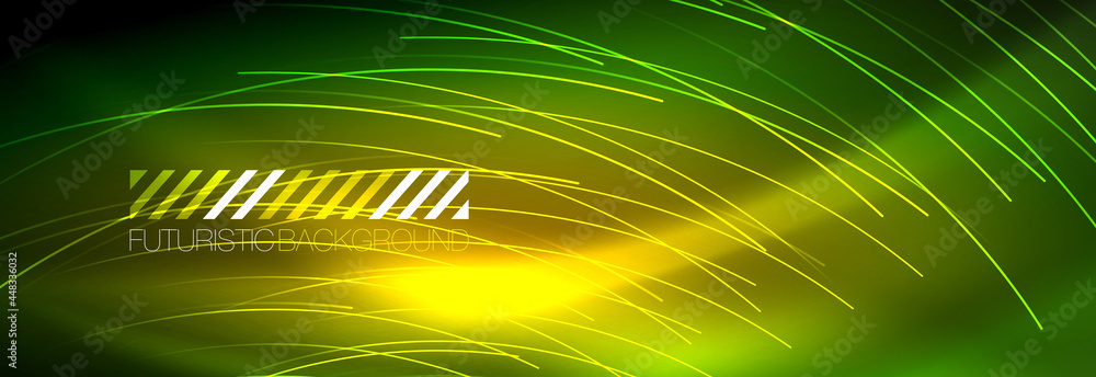 Neon glowing lines, magic energy and light motion background. Vector wallpaper template Neon glowing lines, magic energy and light motion background. Vector wallpaper template