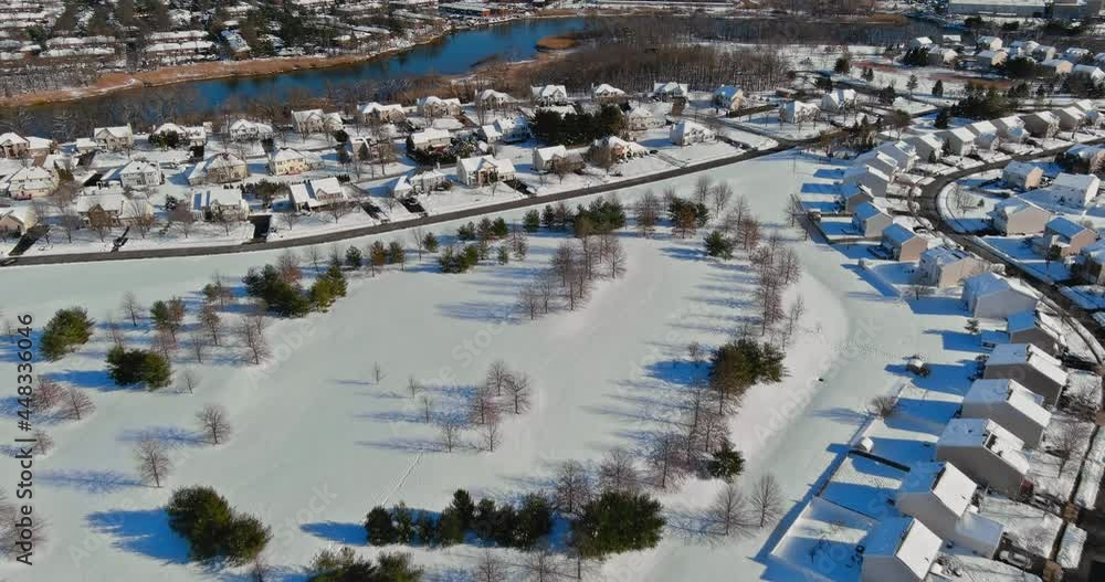 Panoramic view snow covered winter small town Panoramic view snow covered winter small town