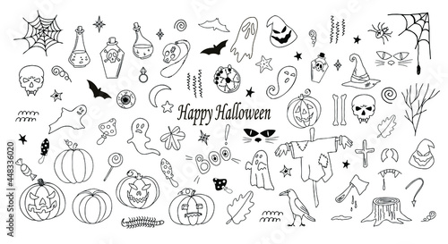 Halloween  magic. Vector set of contour drawings.